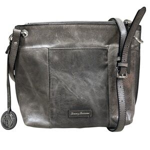 TOMMY BAHAMA Women Gray Leather El Roble Crossbody Bag Medium Adjustable Strap
